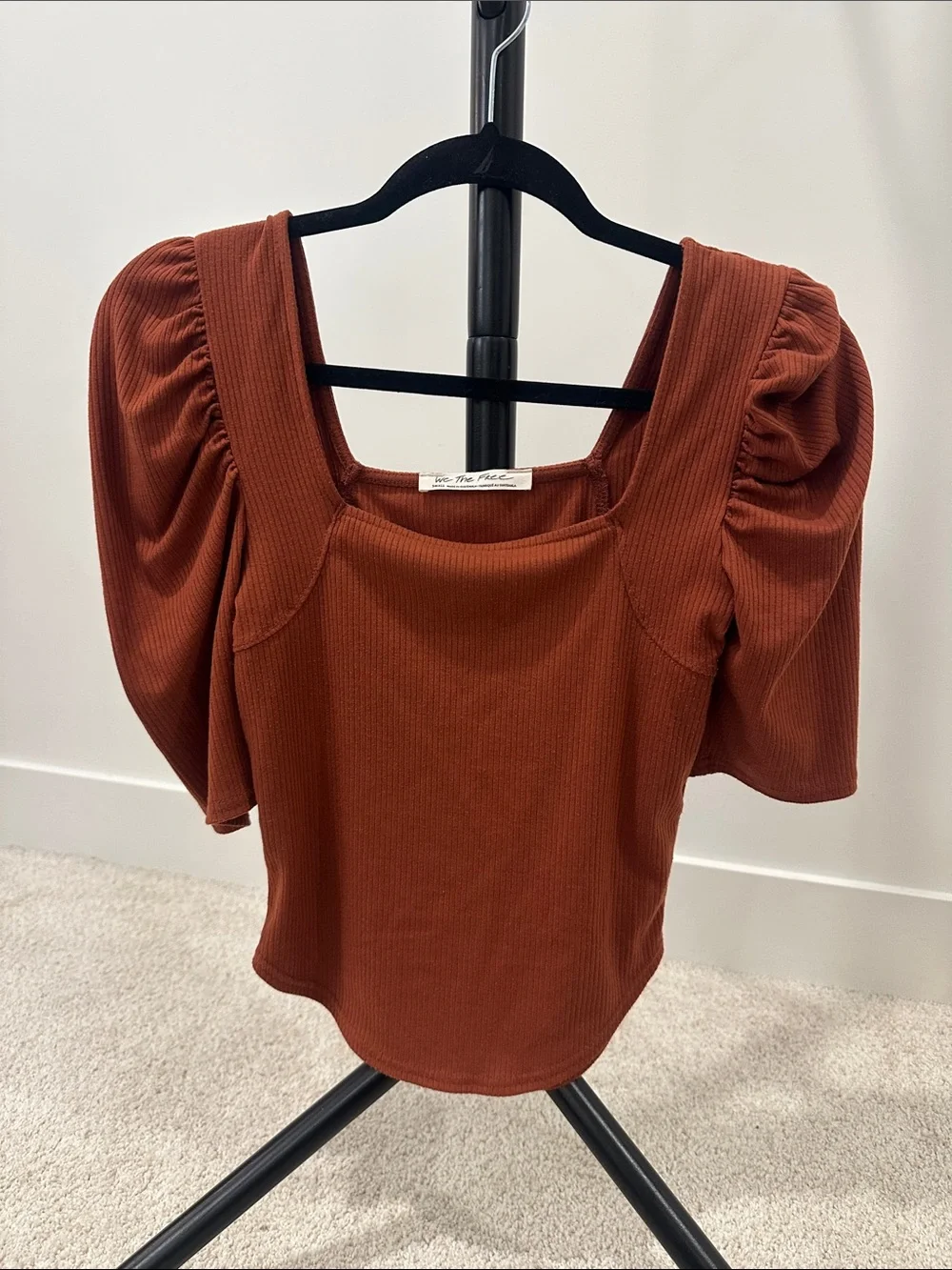 Free People Puff Sleeve Square Neck Top in Rust